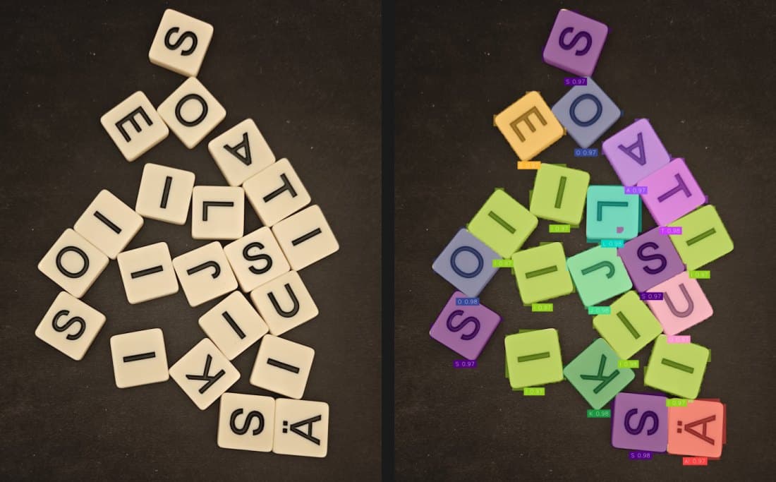 Left, 21 tiles scattered on a table. Right, the same photo with a segmentation mask and a letter with its confidence on every tile.